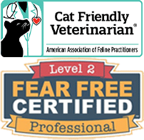 Logos for "Cat Friendly Veterinarian" by the American Association of Feline Practitioners feature a silhouette of a cat and vet, while "Level 2 Fear Free Certified Professional" boasts bold lettering and star designs.