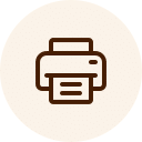 Icon of a brown printer with a paper sheet, set against a light beige circular background, reminiscent of the organized environments often found in veterinary clinics.
