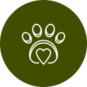 A white paw print with a heart shape at its center is set against a dark green circular background, symbolizing the compassionate care of a veterinarian. The design is simple yet meaningful.