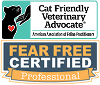 Logos for "Cat Friendly Veterinary Advocate" by the American Association of Feline Practitioners and "Fear Free Certified Professional." The first features a cat silhouette with a heart, perfect for any devoted veterinarian; the second displays bold text with a ribbon underneath.