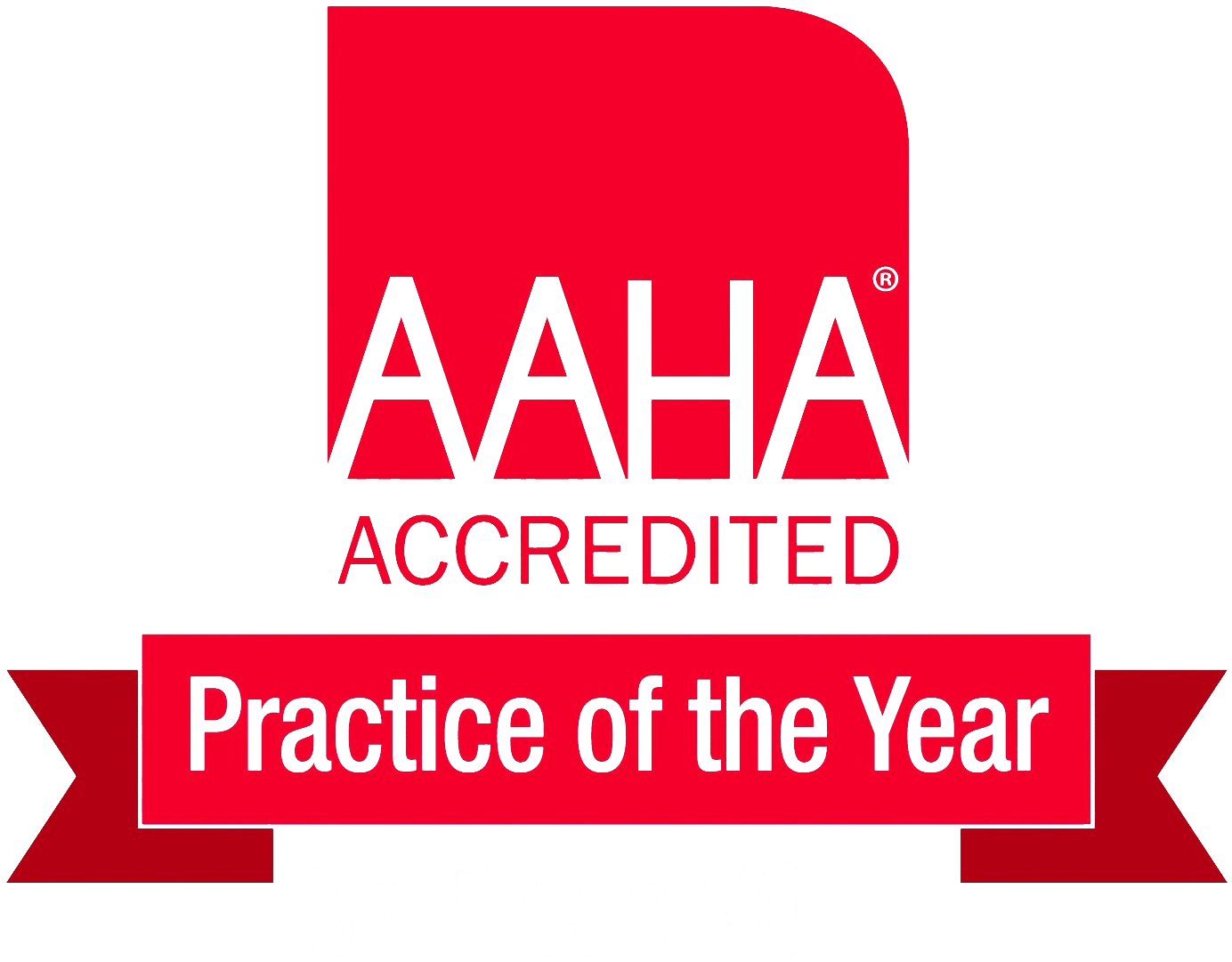 Red and white AAHA Accredited logo with the text "Veterinarian Practice of the Year, 3rd Place 2011" on a ribbon banner below.