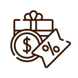 A brown line icon on a white background features a gift box with a ribbon, a coin with a dollar symbol, and a percentage sign on a tag—perfect for your favorite vet.