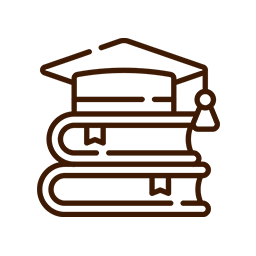 An icon depicting a stack of two books with bookmarks, topped by a graduation cap, outlined in dark brown on a white background—perfect for aspiring veterinarians or those delving into veterinary studies.
