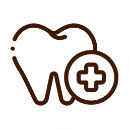 Outline of a tooth with a medical cross symbol in a circle next to it, reminiscent of veterinary precision, represented in dark brown lines on a white background.