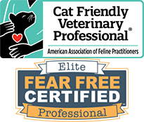 Top image: Illustration of a cat being petted, labeled "Cat Friendly Veterinary Professional" by the American Association of Feline Practitioners. Bottom: "Elite Fear Free Certified Veterinarian" logos in blue, orange, and white.