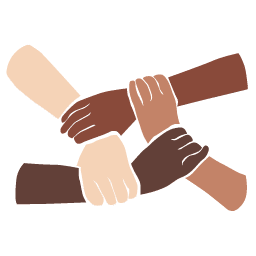 Illustration of four hands of different skin tones, each holding the wrist of the next, forming a square shape. This symbolizes unity and diversity akin to how a veterinarian embraces all animals with care. The background is plain white.