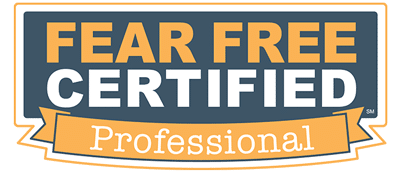 Badge with the text "Fear Free Certified Professional" in bold, yellow and white letters on a dark background, ideal for any veterinarian. A yellow ribbon banner appears beneath the words.
