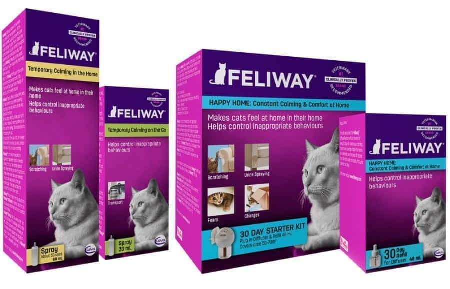 Four Feliway products, featuring a gray cat on the packaging, recommended by veterinarians. Includes boxes for spray, diffuser starter kit, and refills. Text highlights calming effects for cats and controlling inappropriate behaviors. Packaging in purple and gray tones.