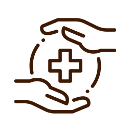 Two hands outline a circle around a medical cross symbol, suggesting veterinary care and protection. The design is simple and in brown color, embodying a veterinarian's gentle touch. The background is white.
