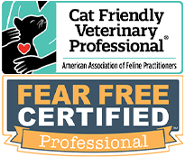 Two logos: one for "Cat Friendly Veterinary Professional" featuring a silhouette of a veterinarian and a cat with a red heart, and another for "Fear Free Certified Professional" in blue and orange, emphasizing vet qualifications.