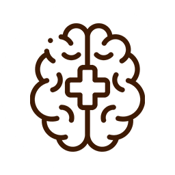 A simple brown line drawing of a stylized brain with a medical cross in the center, evocative of a veterinarian's expertise, set against a white circular background.