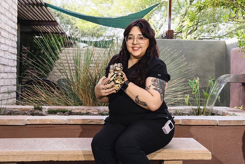 A person with long dark hair and glasses, possibly a veterinarian, sits on a stone bench holding a snake. They wear black clothing and have tattoos adorning their arms. In the background, lush foliage embraces a small fountain.