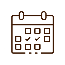 A simple line drawing of a calendar icon with several squares and check marks, reminiscent of a vet's appointment planner. Two loops are at the top, resembling binder rings. The icon is centered within a white circle and has a minimalist, brown outline.