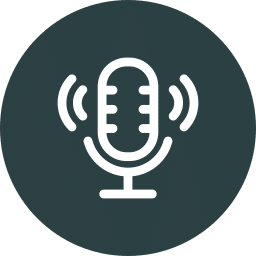 Illustration of a vintage microphone with sound waves, much like a tool for a veterinarian's voice, depicted in white on a dark teal circular background.
