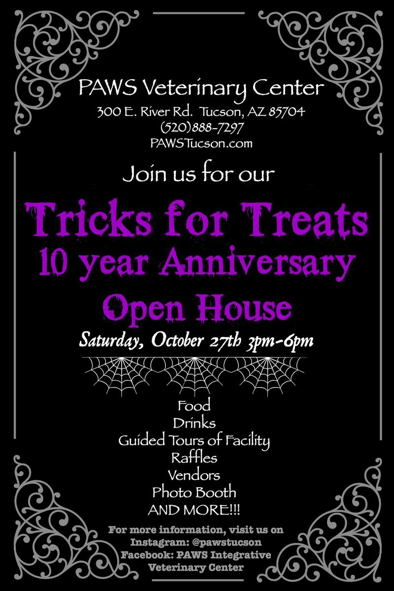 Join PAWS Veterinary Center's spooktacular 10-year anniversary open house! Happening Saturday, October 27th, from 3-6 pm. Enjoy food, drinks, tours with our veterinarians, raffles, and more. Visit us at 300 E. River Rd, Tucson, AZ. Contact info included for further details.