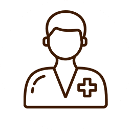 Illustration of a veterinarian in a uniform with a medical cross on the chest. The person is depicted in a simple, brown outline within a white circular background, highlighting their dedication to animal care and well-being.