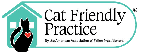 Logo of Cat Friendly Practice by the American Association of Feline Practitioners. It features a house silhouette with a black cat, adorned with a red heart on its side, symbolizing the compassionate care provided by veterinarians dedicated to feline well-being.