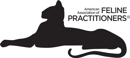 Silhouette of a reclining cat with the text "American Association of Feline Practitioners: Trusted by vets and veterinarians alike.