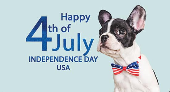 A French Bulldog wearing a red, white, and blue bow tie sits proudly next to text that reads, "Happy 4th of July, Independence Day USA," all set against a light teal background. Perfectly healthy thanks to regular vet visits!.