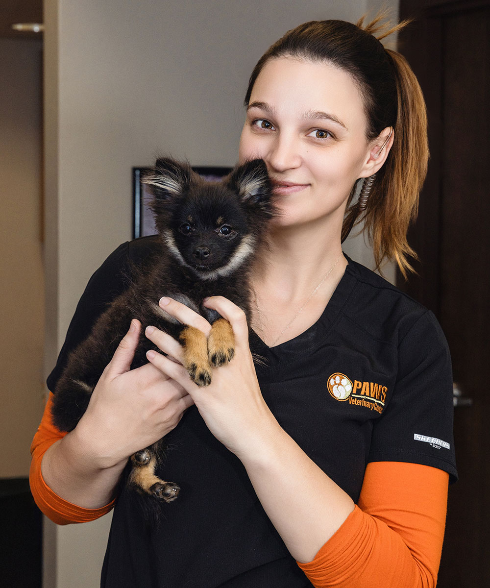 A woman, who is a veterinarian, smiles warmly while holding a small black and tan puppy. She is wearing a black shirt with orange sleeves and has her hair tied back. The background features a dark door and a wall, adding to the cozy setting.