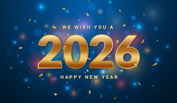 Gold "2026" text with "We wish you a Happy New Year" on a blue background, surrounded by glowing lights and confetti.