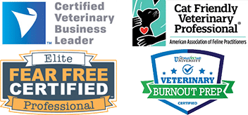 Four certification badges: Certified Veterinary Business Leader, Cat Friendly Veterinary Professional, Elite Fear Free Certified Professional, and Veterinary Burnout Prep Certified.