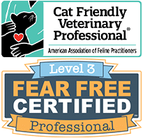 Two certification logos: one for "Cat Friendly Veterinary Professional" with a hand petting a cat, and another for "Level 3 Fear Free Certified Professional" in blue, gold, and white.